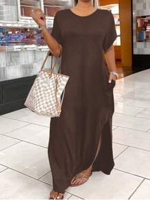 EMERY ROSE Plus Solid Split Hem Slant Pocket Tee Dress Maxi Women Outfit - Brown - View 1