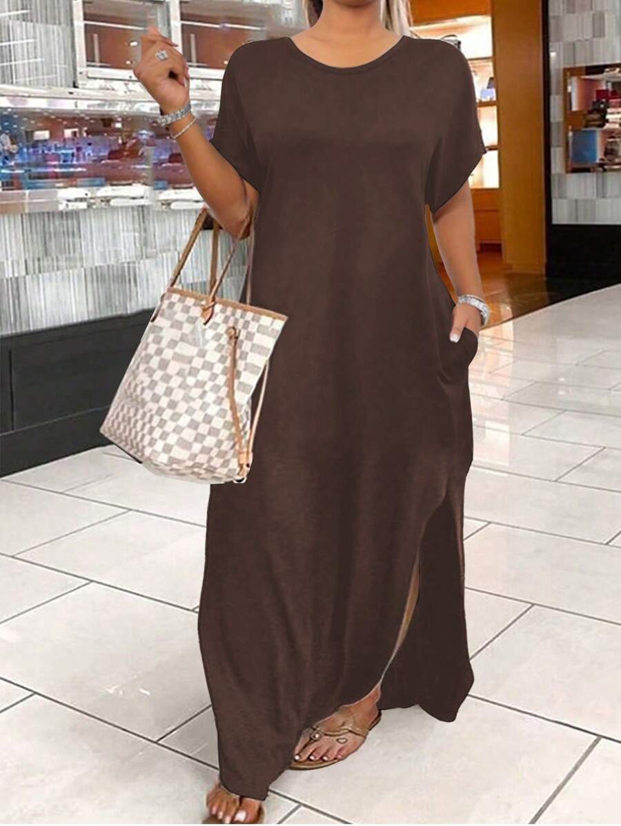 EMERY ROSE Plus Solid Split Hem Slant Pocket Tee Dress Maxi Women Outfit - Brown - View 1