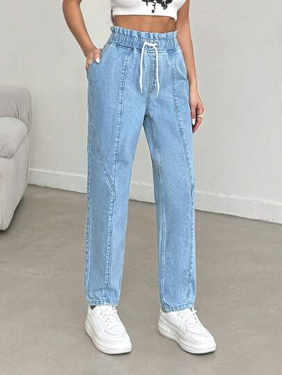 100% Cotton High Waist Elastic Belt And Cord Detailed Straight Fit 560