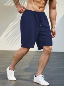 Manfinity Homme 男士素色腰部抽繩斜口袋短褲 - 藏蓝色 - 查看 4