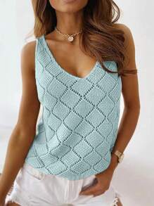 Breezaya 大尺碼女性純色簡約無袖針織背心，適用於日常穿著 - 藍色 - 查看 1