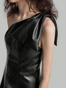Ontre Women Asymmetrical Shoulder Swing Dress, Autumn Casual Dress For Party, Back To School Outfit - Black - View 5