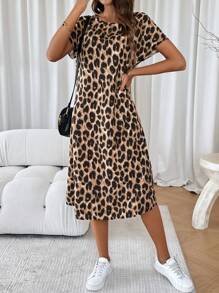SHEIN LUNE 女士豹纹圆领短袖连衣裙（随机剪裁） 长款女装 - 彩色 - 查看 4