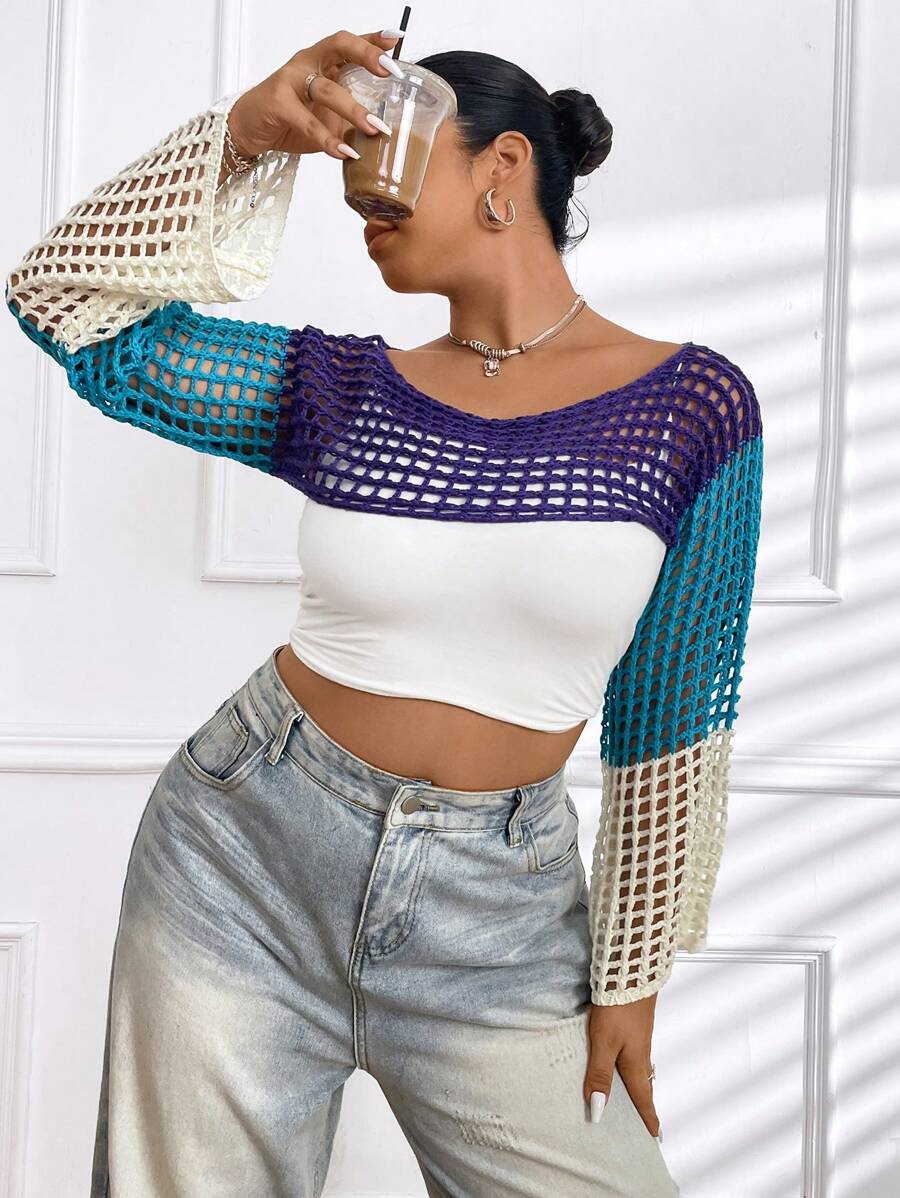 SHEIN EZwear Plus Size Spring Summer Casual Colorblock Hollow-Out Ultra Short Sweater - Multicolor - View 1
