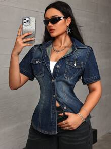 SHEIN ICON Flap Pocket Button Front Denim Jacket - Blue - View 5