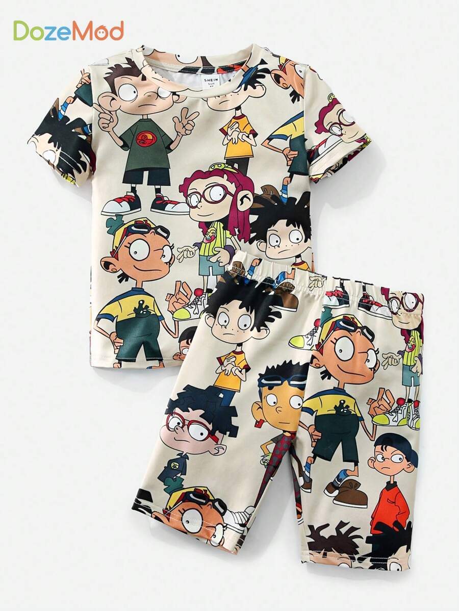 SHEIN Leap Crew 2pcs Young Boys' Cute Cartoon Character Printed Snug ...