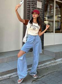 DAZY Áo thun tay lỡ họa tiết chữ Raglan, Áo crop top nữ - Gỗ đỏ - Xem 4