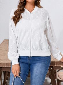 SHEIN LUNE 大尺碼女士度假燒花刺繡長袖棒球外套 - 白色 - 查看 4