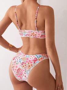 Women's Summer Beach Floral Print Bikini Set With Spaghetti Strap - Multicolor - View 2