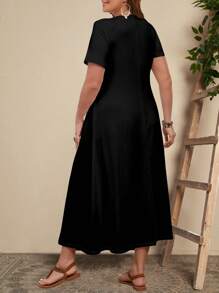 EMERY ROSE Sommer Ölgemälde Portrait Muster V-Ausschnitt Kurzarm Große Größen Frauenkleid, lässig und locker, bis zur Mitte der Wade