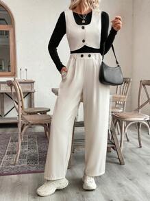 SHEIN Clasi 2pcs Women's Casual Button Embellished Cropped Vest Jacket And Pants Suit - Beige - View 6