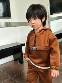 SHEIN Baby Boys' Casual Hooded Sweatshirt And Long Pants Set, Autumn/Winter - Brown - View 3