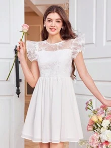 SHEIN Teen Girl Embroidered Mesh Splice Chiffon Swing Dress With V Neck Back And Short Flutter Sleeves - White - View 1