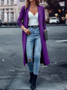 SHEIN LUNE Solid Open Front Long Sleeve Cardigan - Purple - View 5