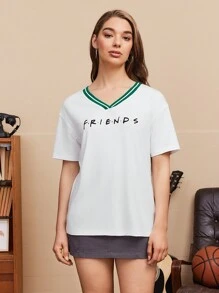 FRIENDS X SHEIN 女士夏季對比條紋邊框身形和字母印花T恤 - 白色 - 查看 2