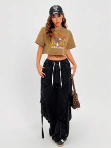SHEIN EZwear 女款棕色老鷹重洗短袖T恤 - 棕色 - 查看 4