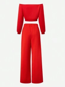 SHEIN Explorewe 青少年女孩休闲街头服饰炫酷学院风露肩运动衫和运动裤套装，适合圣诞节 - 紅色 - 查看 2