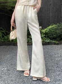 EastFlair 女款民族風植物暗印花開叉口袋寬腿褲，休閒款式 - 白色 - 查看 1