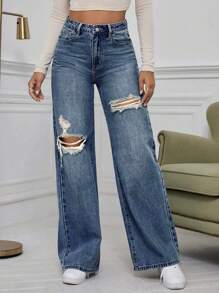SHEIN EZwear Jeans rasgados de pierna ancha y cintura alta en color sólido - Azul lavado medio - Ver 3