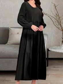 Chiquease Của phụ nữ Màu thuần Dài Tay áo lồng đèn Đầm Midi - màu đen - Xem 4