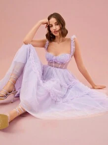 Enchnt Váy thiết kế lưới đơn giản và trơn hàng ngày dành cho nữ - Màu tím hoa cà - Xem 7