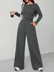 SHEIN PETITE Autumn And Winter Women's Knitted Slim Top + Wide Leg Pants Casual And Comfortable Home Dark Gray Two-Piece Set - Grey - View 7