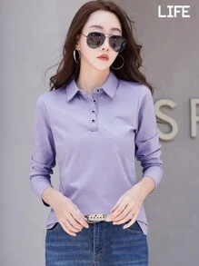 INAWLY 女式春夏纯色长袖休闲 Polo 衫 - 紫色 - 查看 4