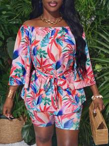 Slaydiva Casual Vacation One-Shoulder Nine-Quarter Sleeve Loose Top And Tight Shorts With Full Branch Print Women's Two-Piece Set-C - Multicolor - View 3