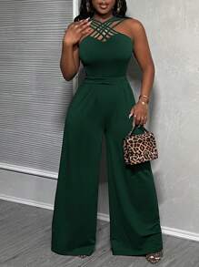 Slaydiva 休閒細肩帶褶皺V領寬腿連身褲 - E - 墨綠色 - 查看 3