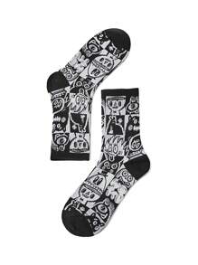 Wotto Dark Artist Series - Street Style Cartoon Pattern Men's Mid-Calf Socks - Black and White - View 1