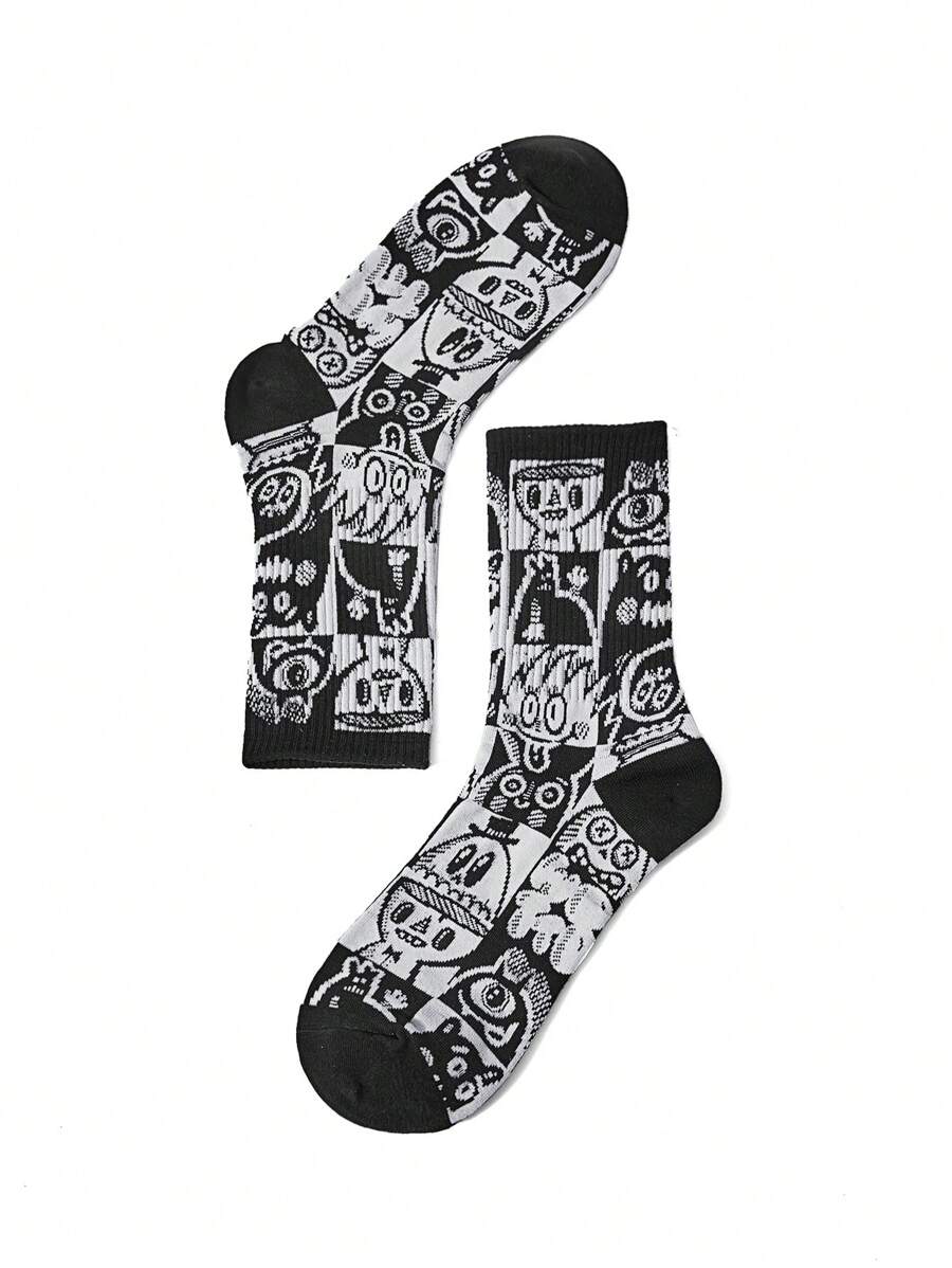 Wotto Dark Artist Series - Street Style Cartoon Pattern Men's Mid-Calf Socks - Black and White - View 1
