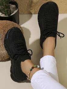 Zapatillas deportivas negras para correr, caminar, hacer ejercicios y fitness para dama, con cordones de encaje y diseño ligero y sencillo de moda - Negro - Ver 3