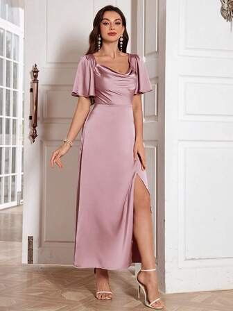 Solid Color Draped Neck Split Hem Cocktail Dress Elegant Semi Formal Wedding Guest Dress, For Birthday, Graduation, Dinner, Homecoming Party Dress