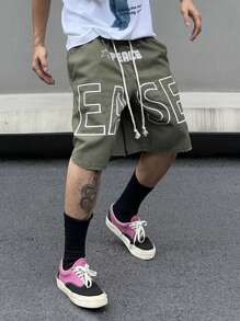 Manfinity Roghcode 男士字母印花束口牛仔短褲，帶雙側口袋 - 綠色 - 查看 3