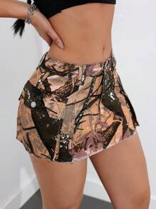 SHEIN ICON 女士夏季性感水洗口袋贴布牛仔裙 - 彩色 - 查看 4