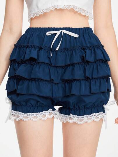 Kawaii Pantalon lanterne pour femme, short collège de style marin avec couleur contrastée et bordure en dentelle, mignon pour l'école