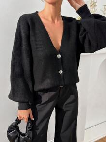 EURMUSE Women Rhinestone Flower Button Detailed Soft Touch Elegant Chick Black Sweater Cardigan - Black and White - View 6