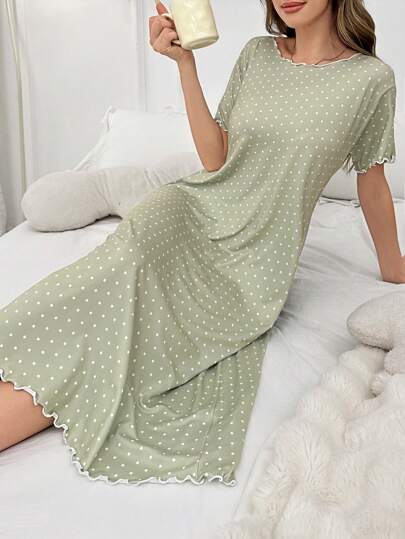 Round Neck Polka Dot Lettuce Pajama Nightdress Long Dress view 3