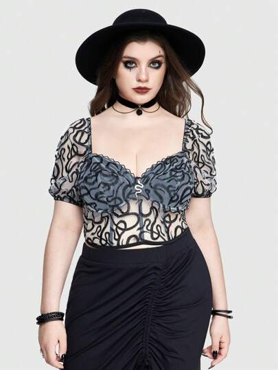 Goth Top sexy de talla grande con patrón de serpiente transparente y bordado