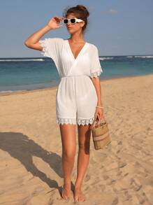 SHEIN Swim Women's Solid Color Simple Daily Short Sleeve Cover Up Summer - White - View 5