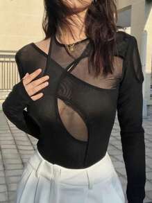 SHEIN EZwear 女性休閒純色薄針織上衣，常規長袖，圓領線條感