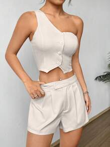 Flirla One Shoulder Asymmetrical Hem Crop Top & Shorts - Apricot - View 5