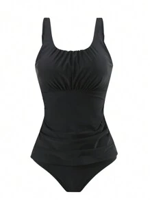 Swim Lushoire 女士夏季海灘純色褶皺背心和三角泳衣套裝 - 黑色 - 查看 4