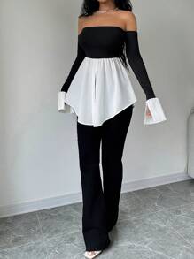 Rafferiza Haut de printemps/été pour femme à patchwork noir et blanc avec volant et ourlet à volants