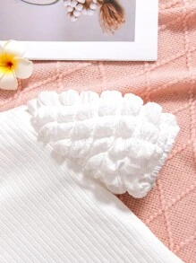 SHEIN Tween Girls' Knitted Solid Color Round Neck Patchwork Woven Bubble Sleeve Fitted Casual Dress