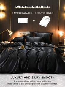 2/3件套缎面被套套装，床上用品套装，免熨烫被套套装，柔软亲肤，轻盈丝滑，提升睡眠质量，纯色系列，完美适配单人床、双人床、大号床、特大号床，四季皆宜（包含被套和半个枕套），秋季装饰，房间装饰 - 黑色 - 查看 2