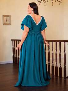 Magicy V-Neck Double-Layer Flared Sequin Puff Sleeve Ribbon Dress - Blue - View 2