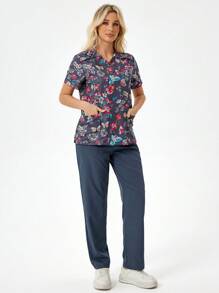 TaskEZ 1 bộ áo sơ mi tay ngắn họa tiết hoa và 1 bộ quần đồng phục phẫu thuật cho mùa hè - Xám - Xem 5