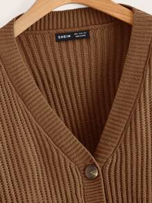 SHEIN EZwear Solid Button Front Ribbed Knit Cardigan,Long Sleeve Tops,Knitted Sweater In Fall/Winter