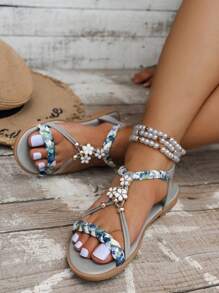 大碼米色寬鬆女士平底涼鞋，手工編織珠繡涼鞋，適用於派對、海灘、波西米亞假期，圖案隨機 - 彩色 - 查看 3